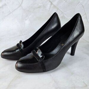 Dana Davis Size 8.5B Black Leather Loafer Style Heels with Patent Accents Italy